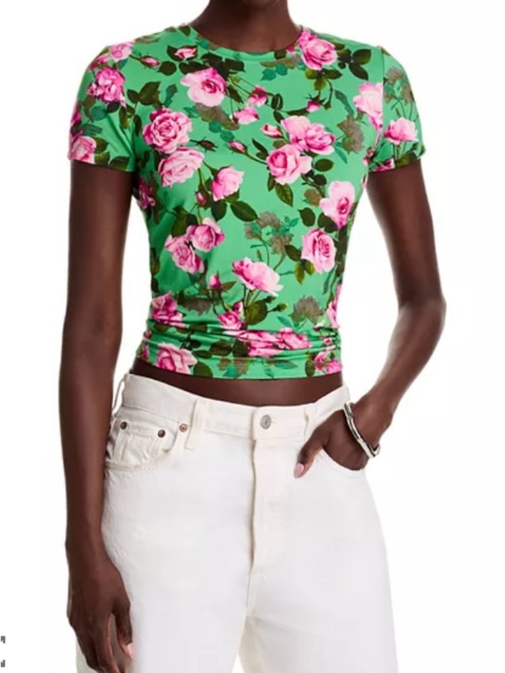 L'AGENCE Green Floral Crewneck Crop Tee with Pink Roses